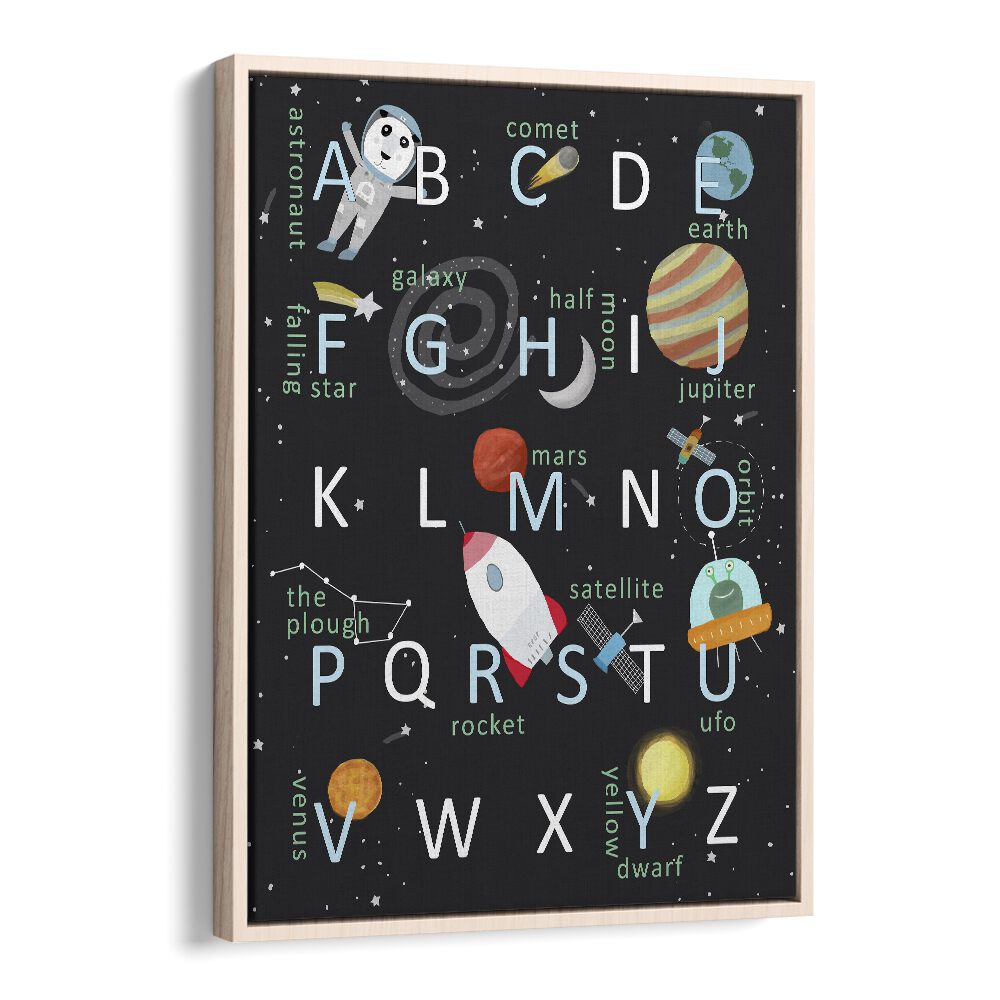 Illustrated Space Alphabet By Carla Daly Kids Painting in Oak Wood Floater Frame