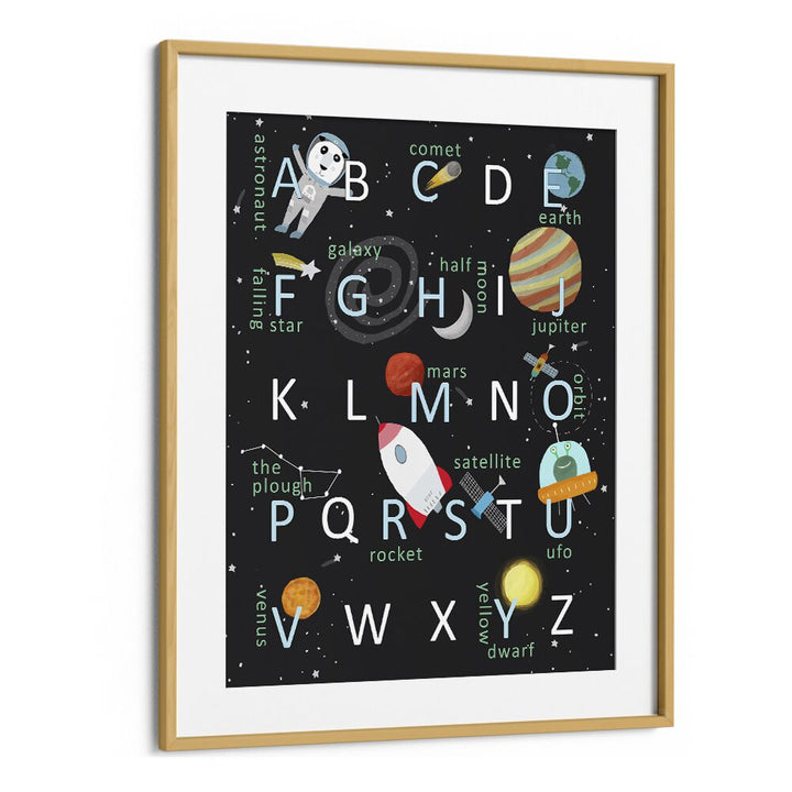 Illustrated Space Alphabet By Carla Daly Kids Painting in Oak Wood Frame With Mount