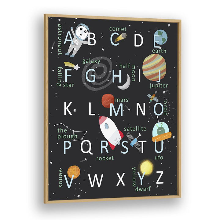 Illustrated Space Alphabet By Carla Daly Kids Painting in Oak Wood Plain Frame