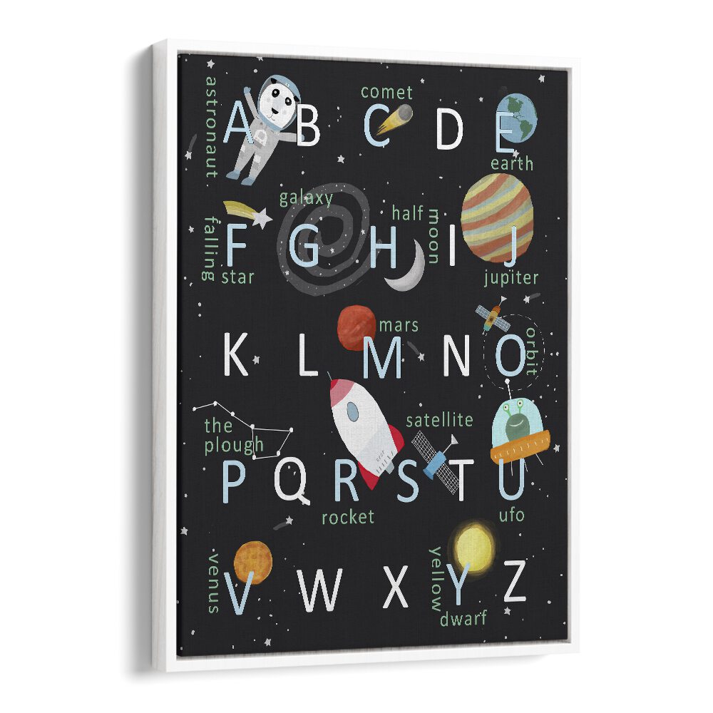 Illustrated Space Alphabet By Carla Daly Kids Painting in White Floater Frame