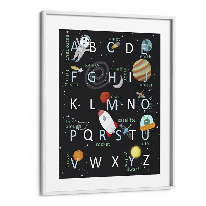 Illustrated Space Alphabet By Carla Daly Kids Painting in White Frame With Mount