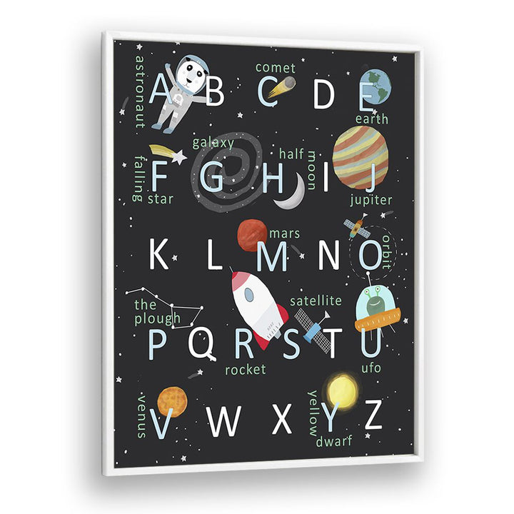 Illustrated Space Alphabet By Carla Daly Kids Painting in White Plain Frame