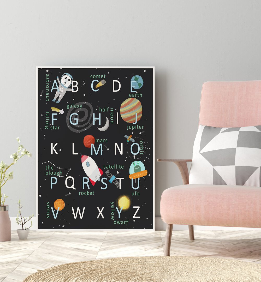 Illustrated Space Alphabet By Carla Daly Kids Painting placed on a wall