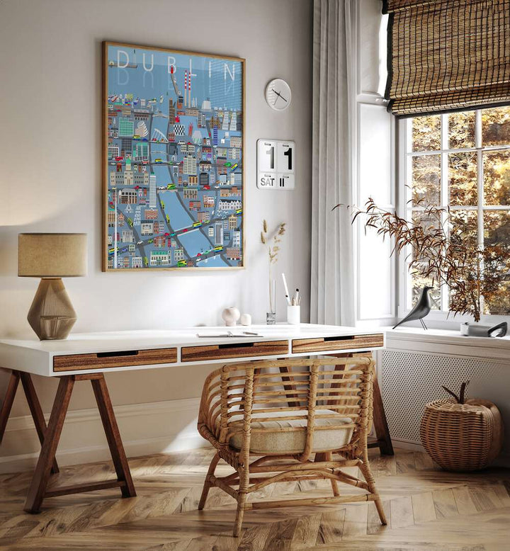 Illustrated View of Dublin City by Carla Daly Travel Posters in Oak Wood Plain Frame placed on a wall behind a study table and beside a window