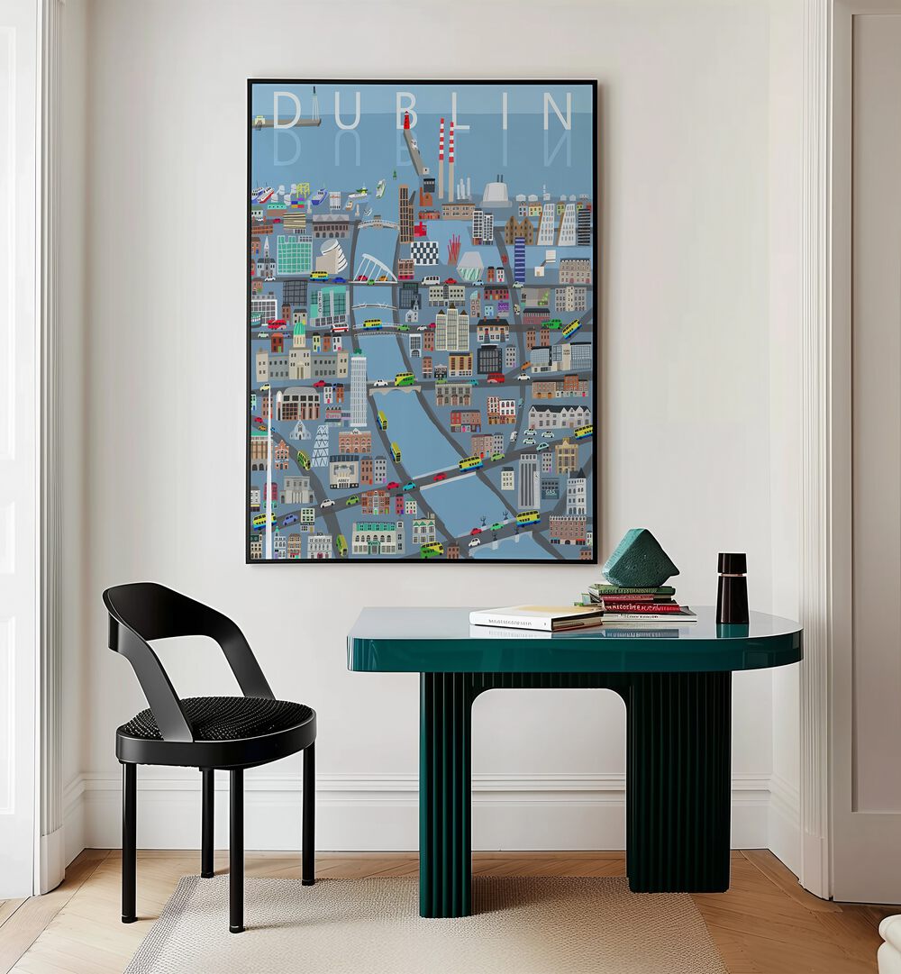 Illustrated View of Dublin City by Carla Daly Travel Posters in Black Plain Frame placed on a wall behind a study table