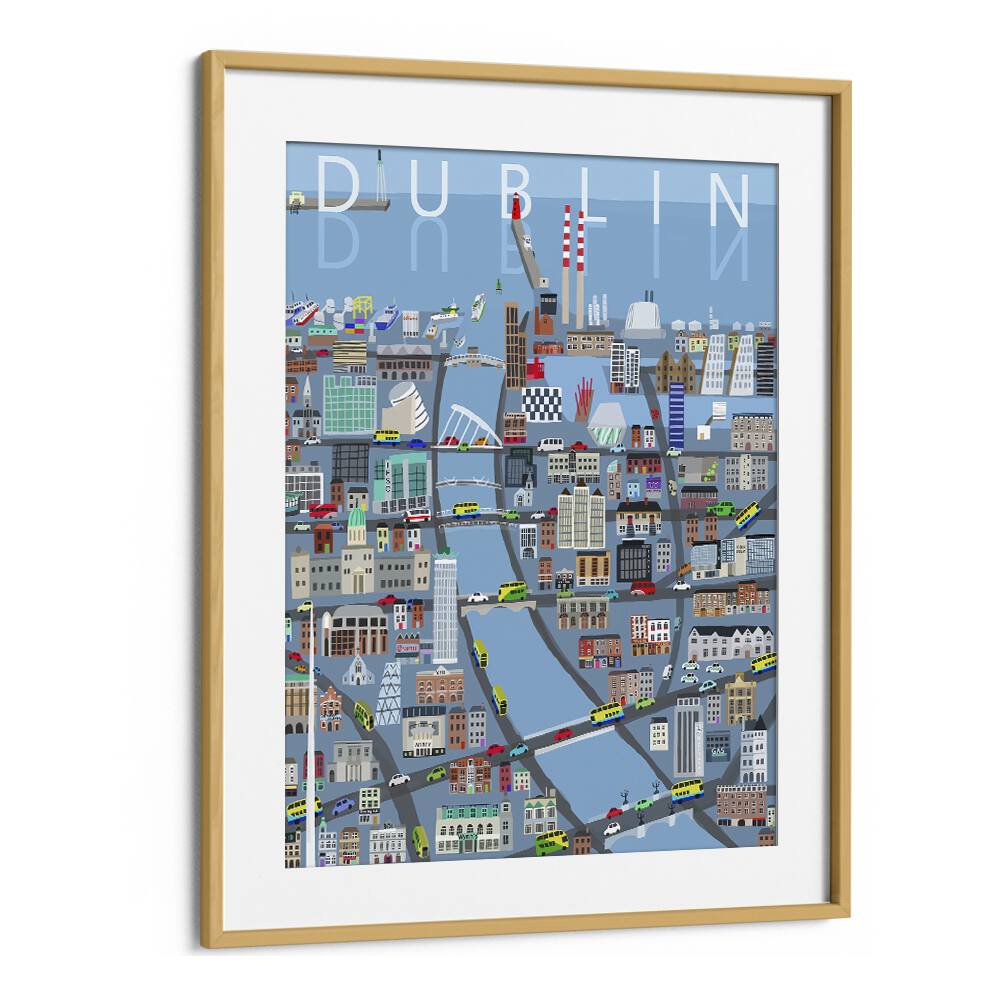 Illustrated View of Dublin City by Carla Daly Travel Posters in Oak Wood Frame With Mount