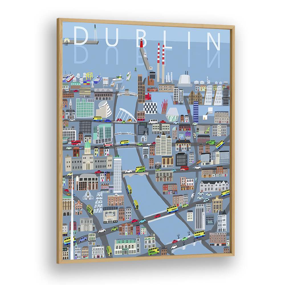 Illustrated View of Dublin City by Carla Daly Travel Posters in Oak Wood Plain Frame