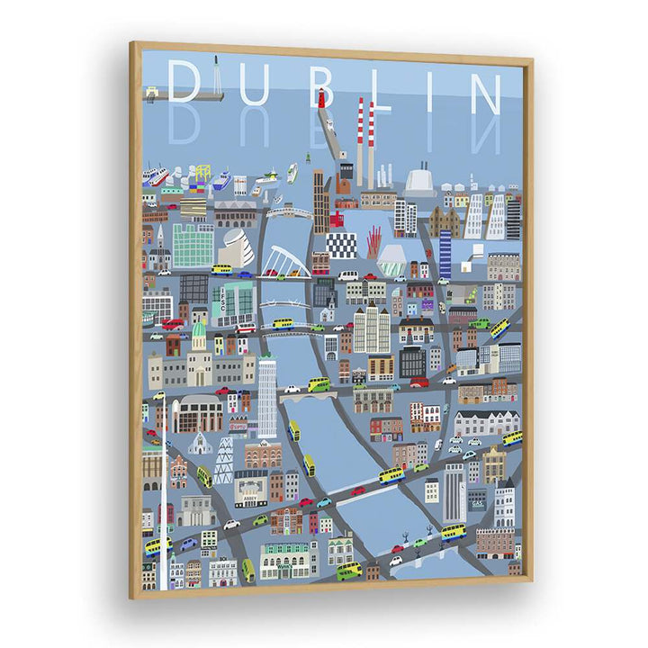 Illustrated View of Dublin City by Carla Daly Travel Posters in Oak Wood Plain Frame