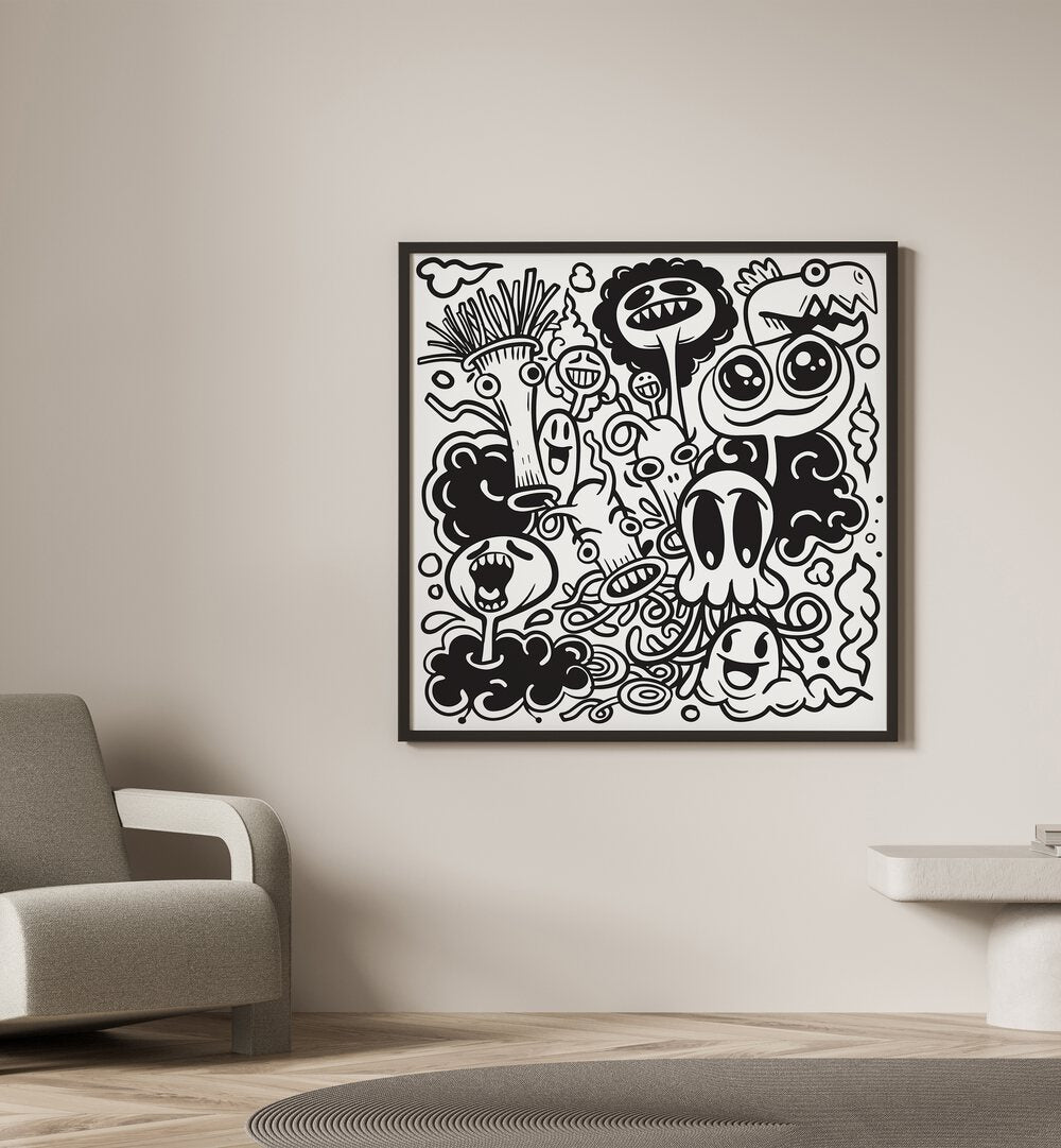 Imaginary Islands BW Doodle Art Painting in Black Plain Frame placed on wall beside a chair