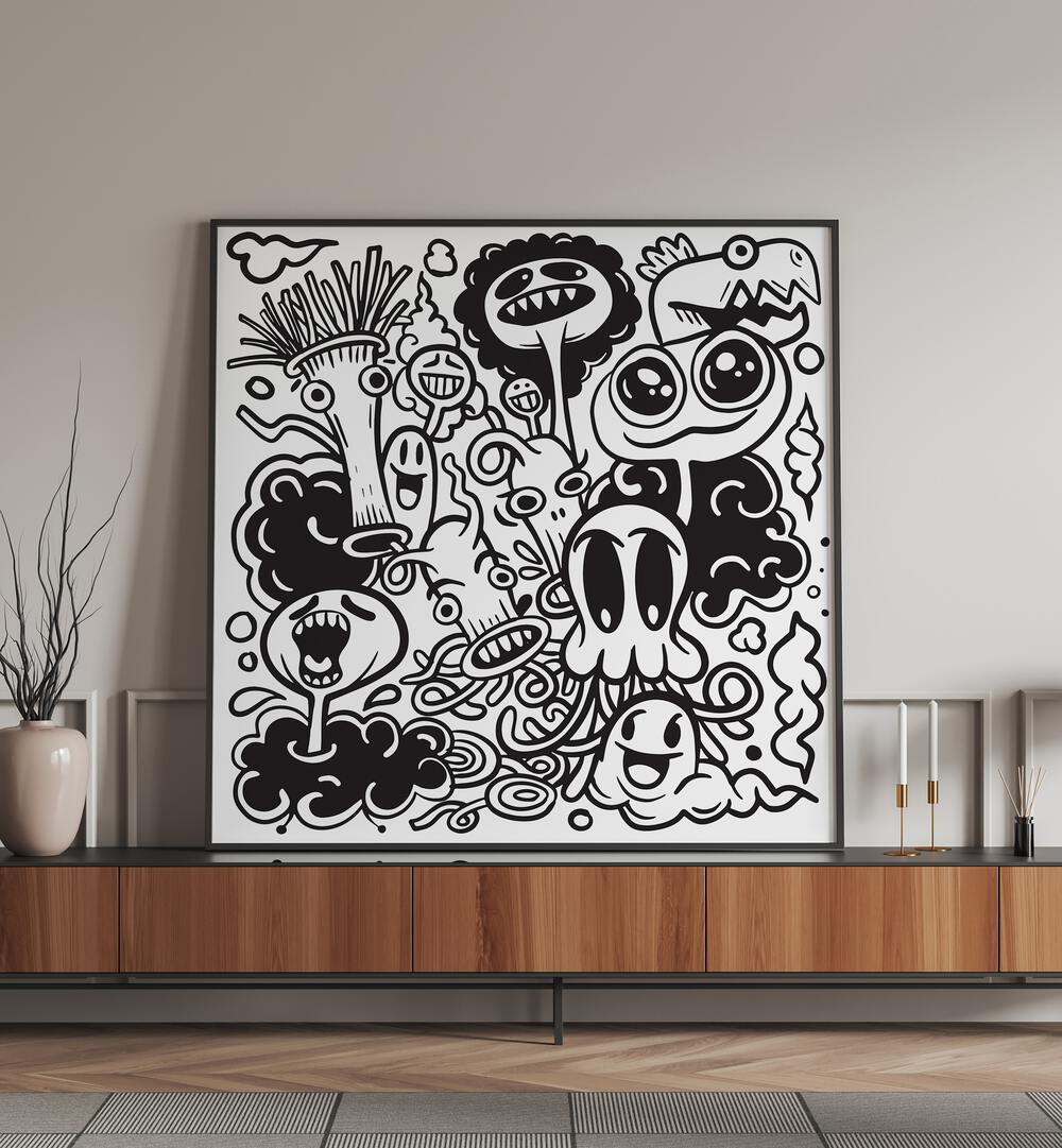 Imaginary Islands BW Doodle Art Painting in Black Plain Frame placed on black table