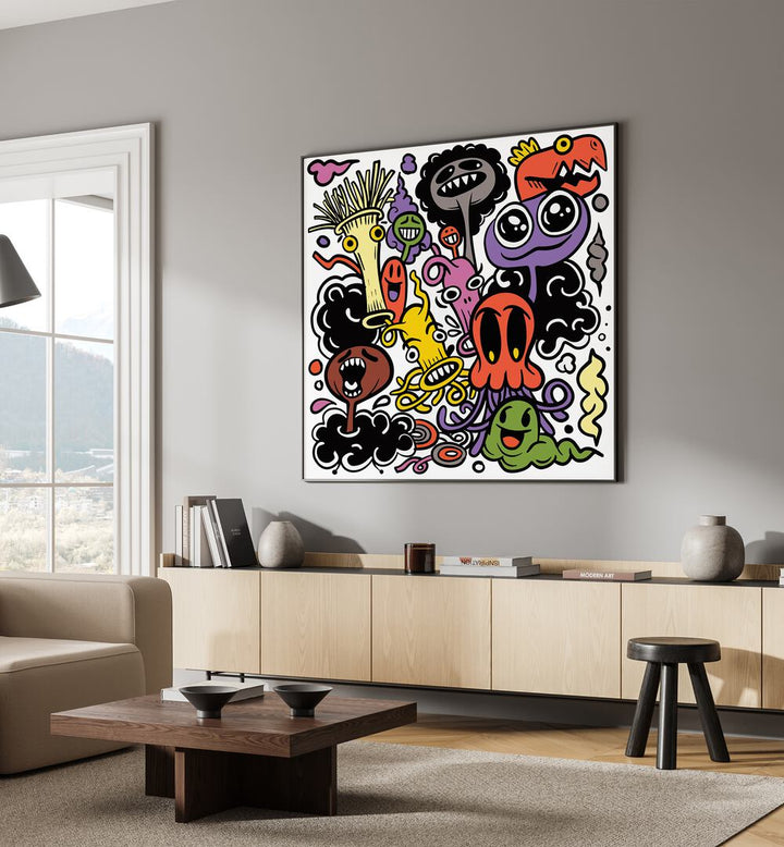 Imaginary Islands I Doodle Art Painting in Black Plain Frame placed on wall behind a table beside a window