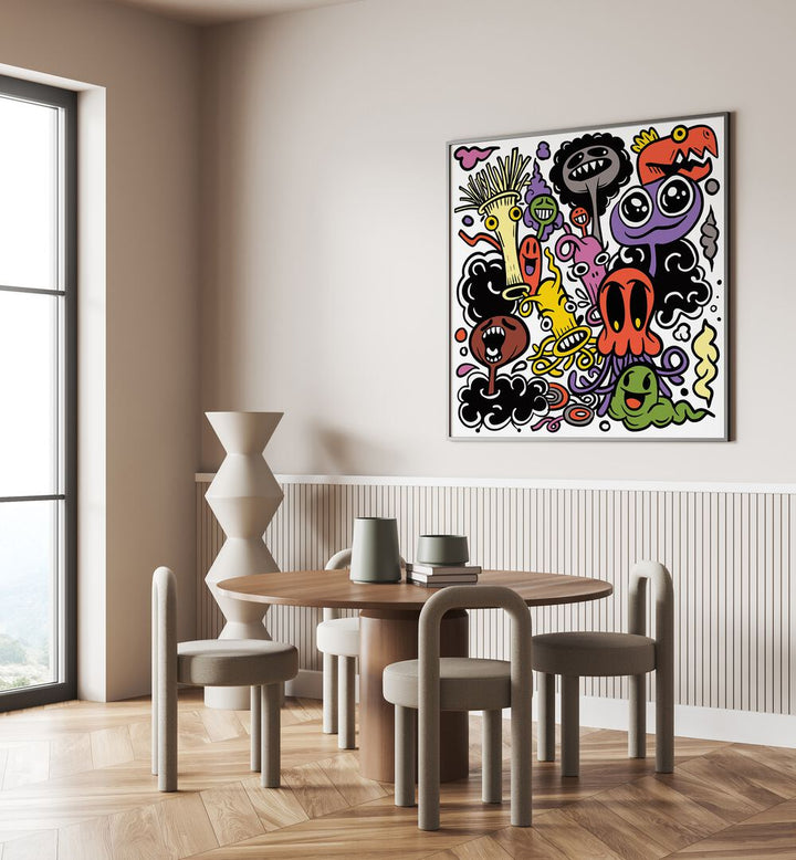 Imaginary Islands I Doodle Art Painting in Black Plain Frame placed on wall behind a dinning table