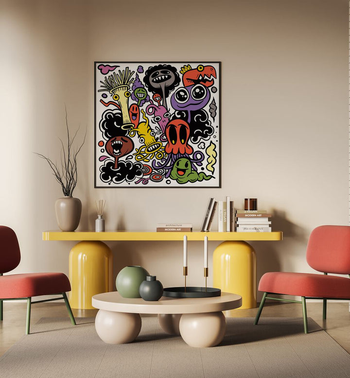 Imaginary Islands I Doodle Art Painting in Black Plain Frame placed on wall behind the table