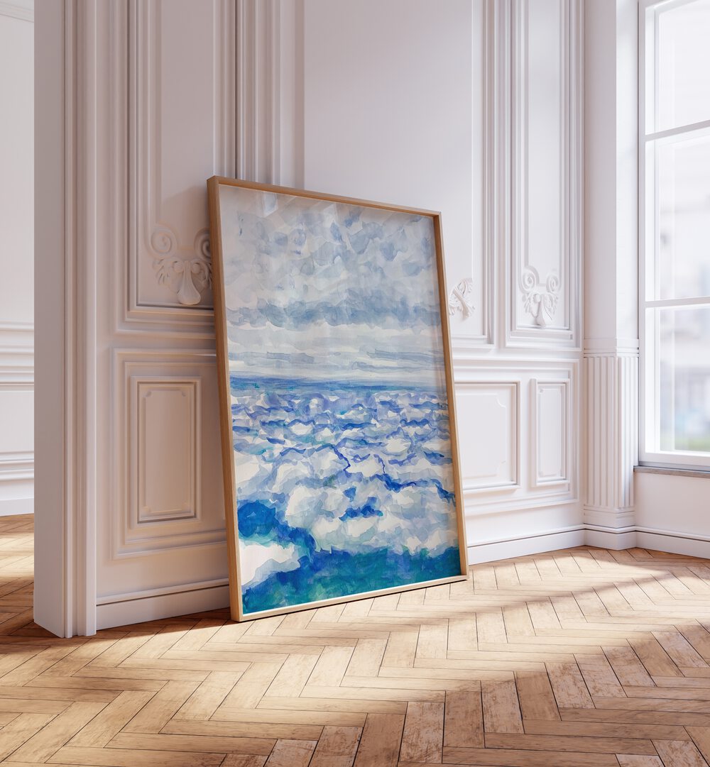 In The Clouds By Key And Sea Creative Landscape Art Print in Oak Wood Plain Frame on a wooden floor beside a window