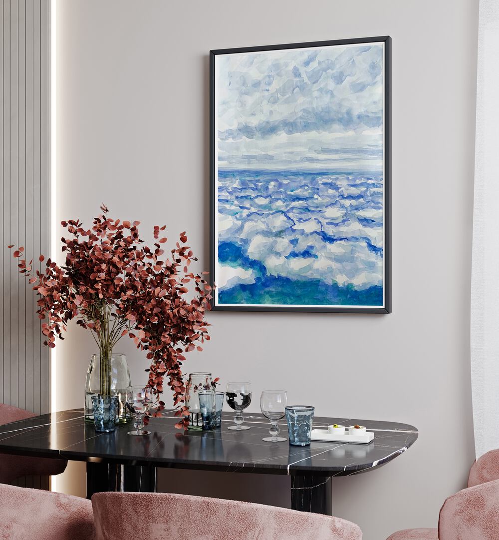 In The Clouds By Key And Sea Creative Landscape Art Print in Black Plain Frame above a dining table for dining area