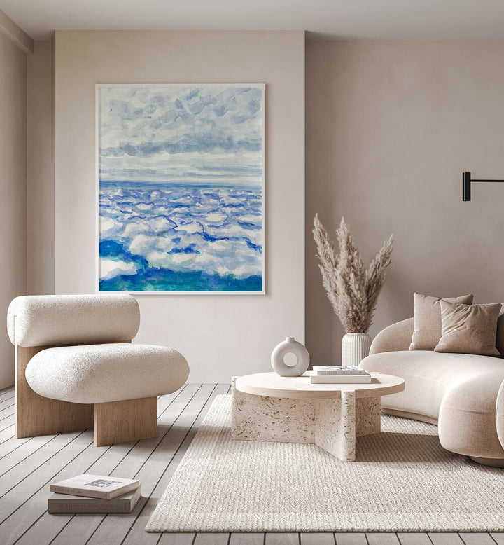 In The Clouds By Key And Sea Creative Landscape Art Print in White Plain Frame on a cream wall behind a sofa