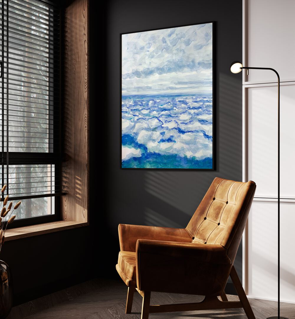 In The Clouds By Key And Sea Creative Landscape Art Print in Black Plain Frame beside a sofa on a grey wall