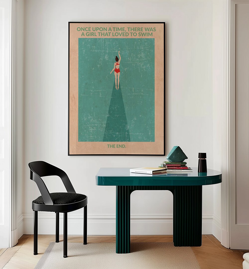 In The Open Water Sports Posters in Black Plain Frame placed on a wall behind a study table