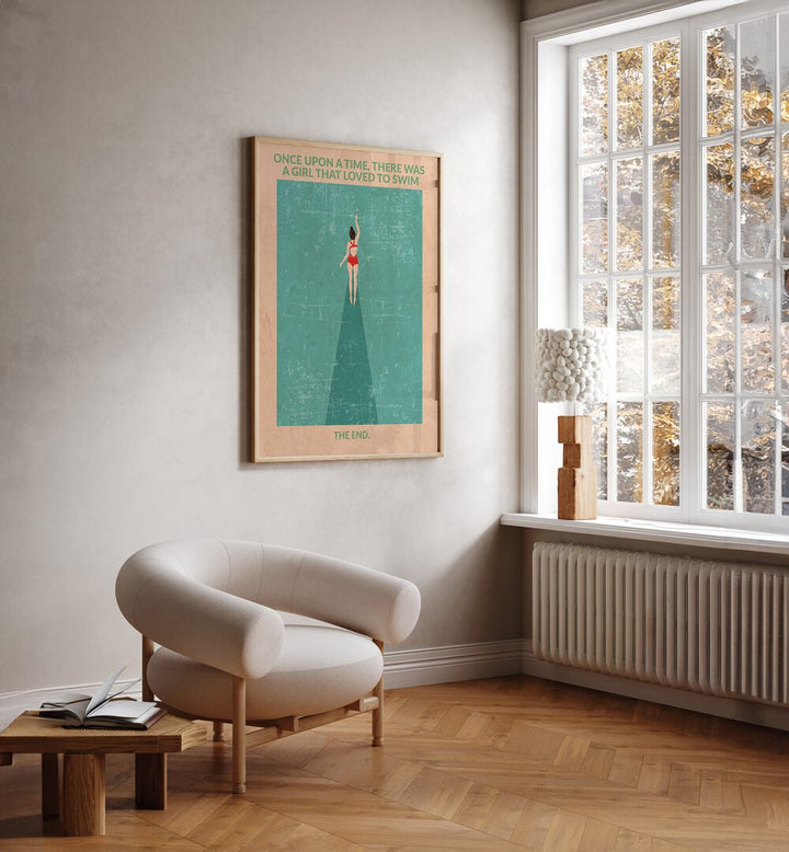 In The Open Water Sports Posters in Oak Wood Plain Frame placed on a white wall beside a white chair and a window