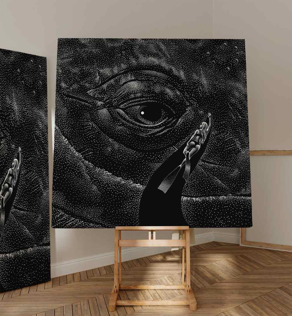 In The Whales Eye Black Version By Aliriza Cakir Surreal Paintings Surreal Art in Gallery Wrap placed on a Canvas Stand in the Drawing Room