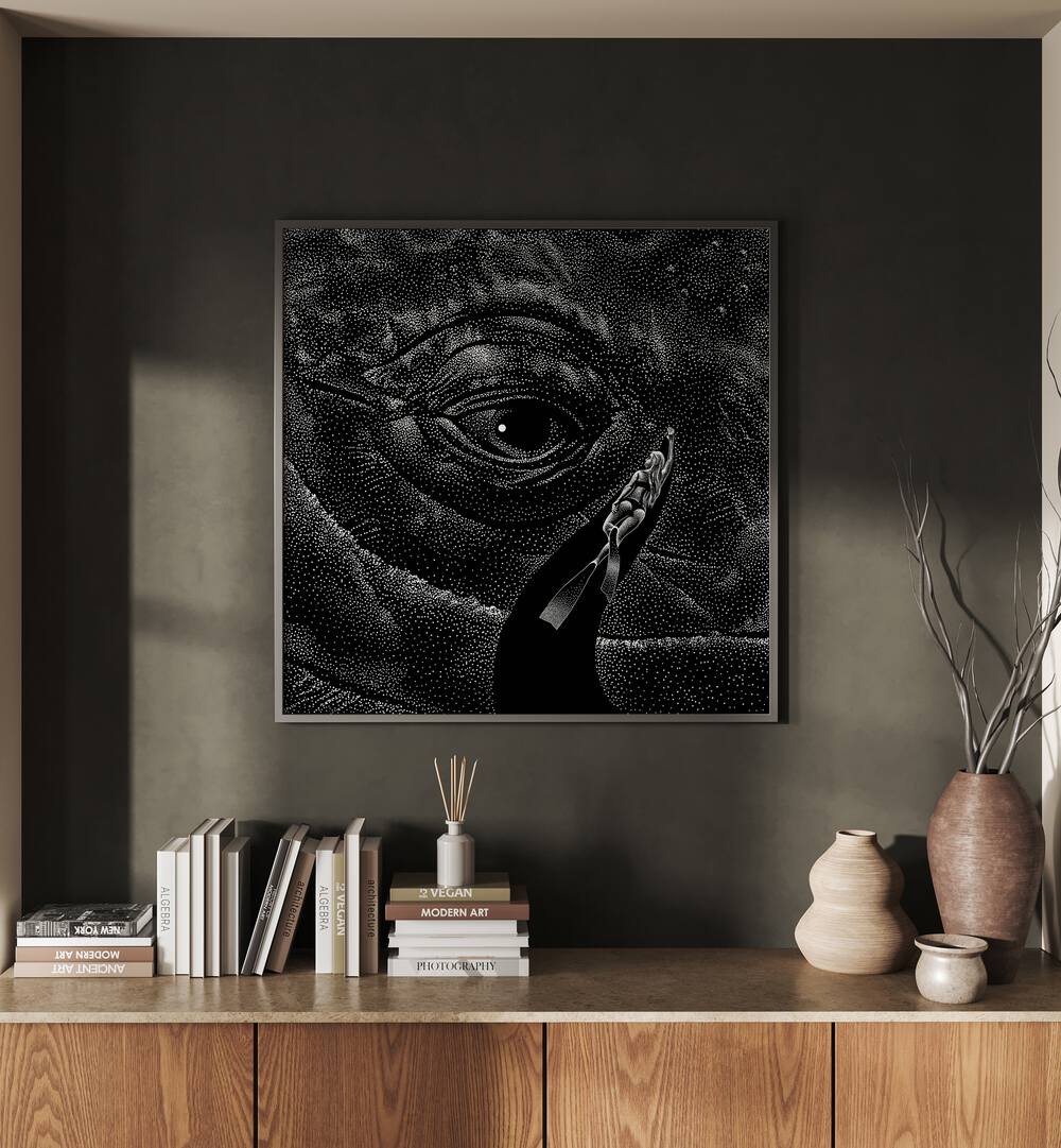 In The Whales Eye Black Version By Aliriza Cakir Surreal Paintings Surreal Art in Black Plain Frame placed on a Dark Grey Colored Wall above a Console Table in the Living Room