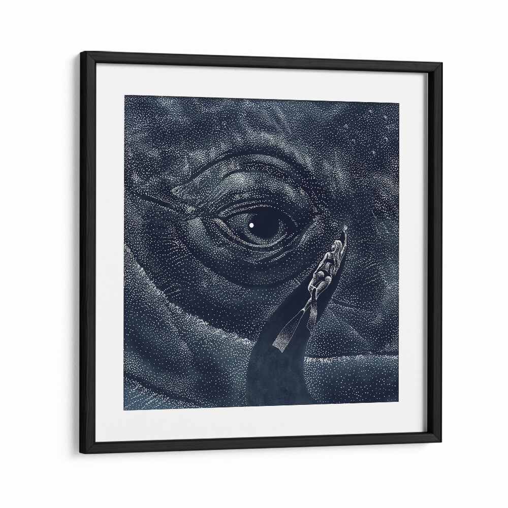 Explore the surreal depths in "IN THE WHALE'S EYE, SURREAL ART PRINTS" by Aliriza Çakır, beautifully framed.