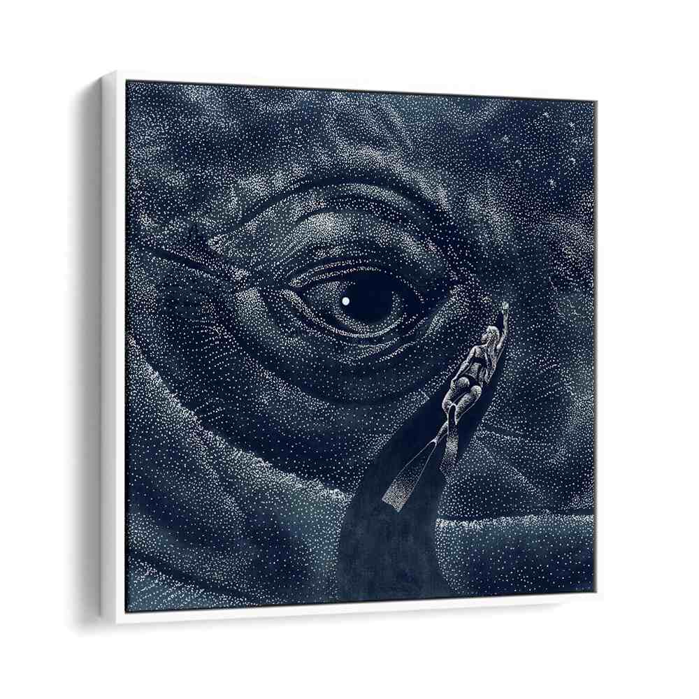 Explore "In the Whale's Eye," surreal art prints by Aliriza Çakır, blending reality and dreams in stunning blue hues.