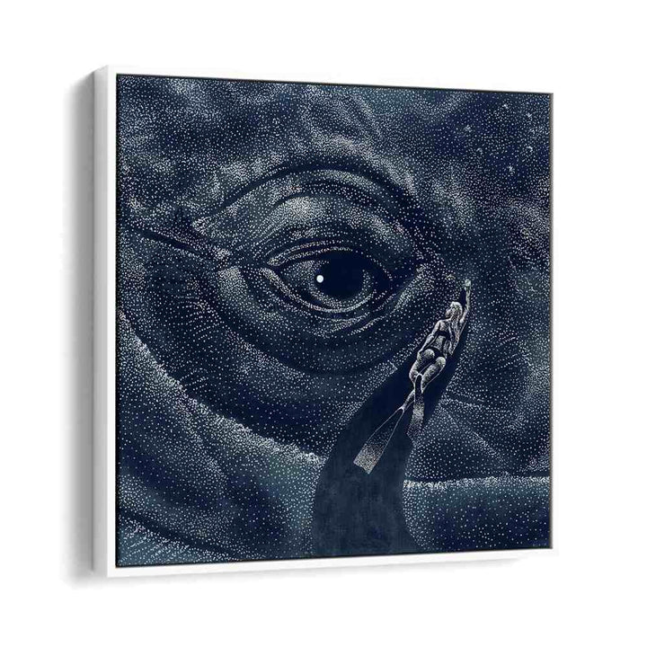 Explore "In the Whale's Eye," surreal art prints by Aliriza Çakır, blending reality and dreams in stunning blue hues.