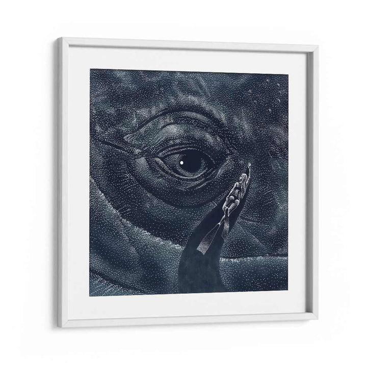 Surreal art print "IN THE WHALE'S EYE" by Aliriza Çakır, featuring a captivating blue whale design in a white frame.