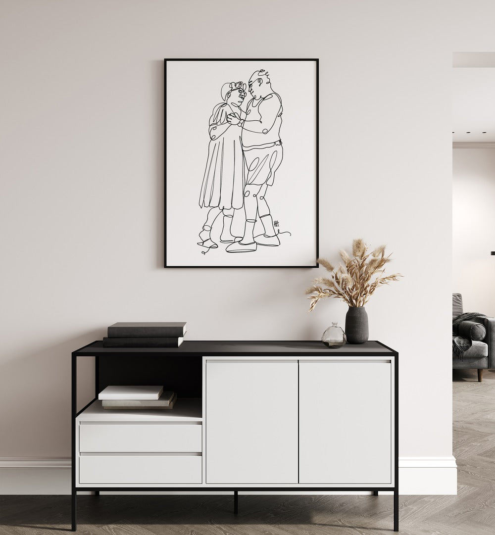 In This Life and the Next by Hanna Lee Tidd Line Art Paintings Line Art Prints in Black Plain Frame placed on a wall behind a table