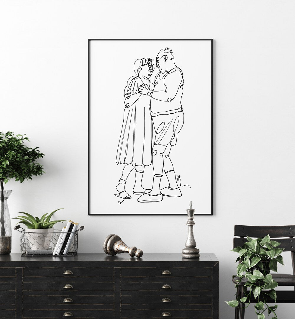 In This Life and the Next by Hanna Lee Tidd Line Art Paintings Line Art Prints in Black Plain Frame placed on a wall behind a table