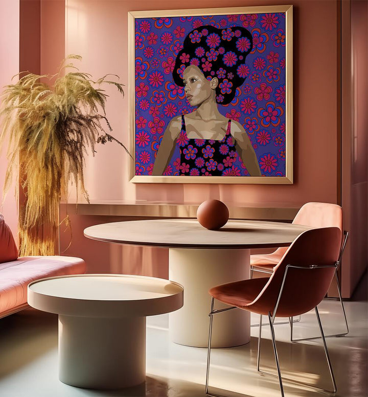 In Thought By Lynnda Rakos Pop Art Paintings Pop Art Prints in Gold Plain Frame placed on a wall behind a dining table