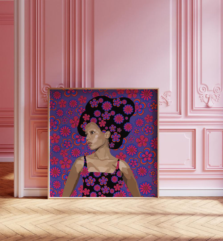 In Thought By Lynnda Rakos Pop Art Paintings Pop Art Prints in Oak Wood Plain Frame placed on the floor beside a window