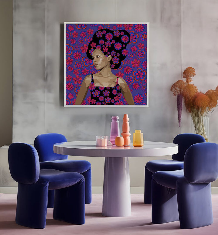 In Thought By Lynnda Rakos Pop Art Paintings Pop Art Prints in White Plain Frame placed on a wall behind a dining table