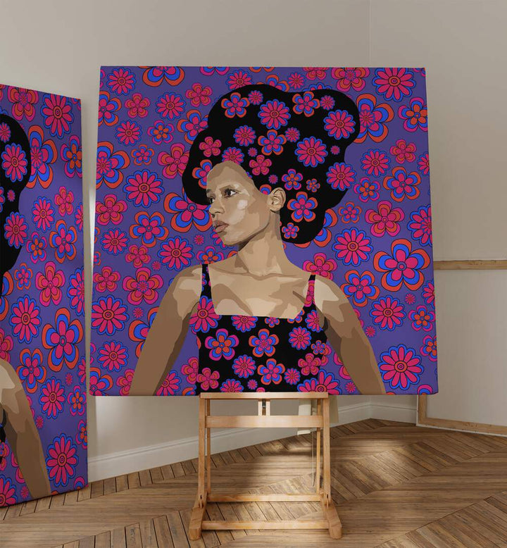 In Thought By Lynnda Rakos Pop Art Paintings Pop Art Prints in Gallery Wrap  placed on a easel stand beside an artwork