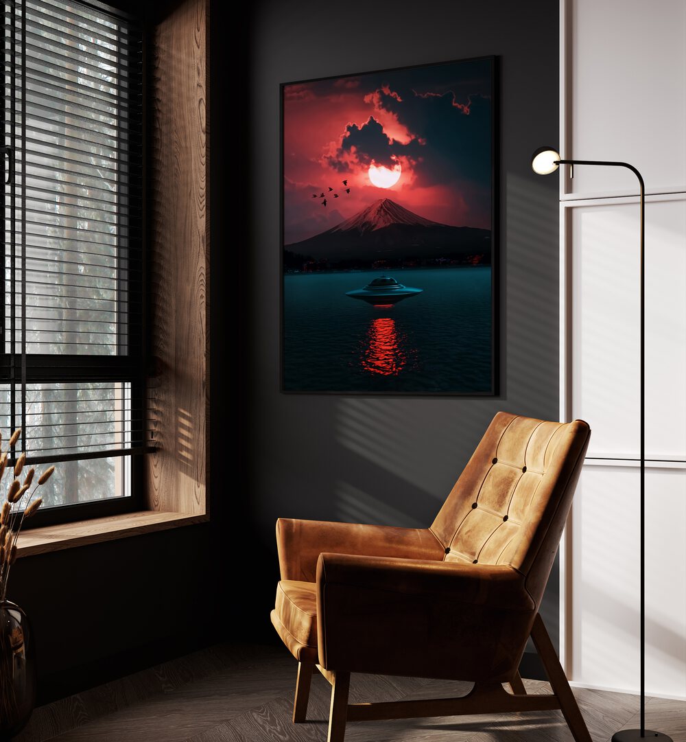 Incoming UFO By Ritvik Takkar Surreal Art Prints in Black Plain Frame placed on a Dark Grey Colored Wall in the Drawing Room