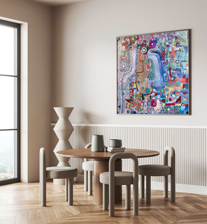 INDIGO MIRROR , ABSTRACT PAINTINGS displayed over dining table, luminous indigo layers with textured, reflective brushwork