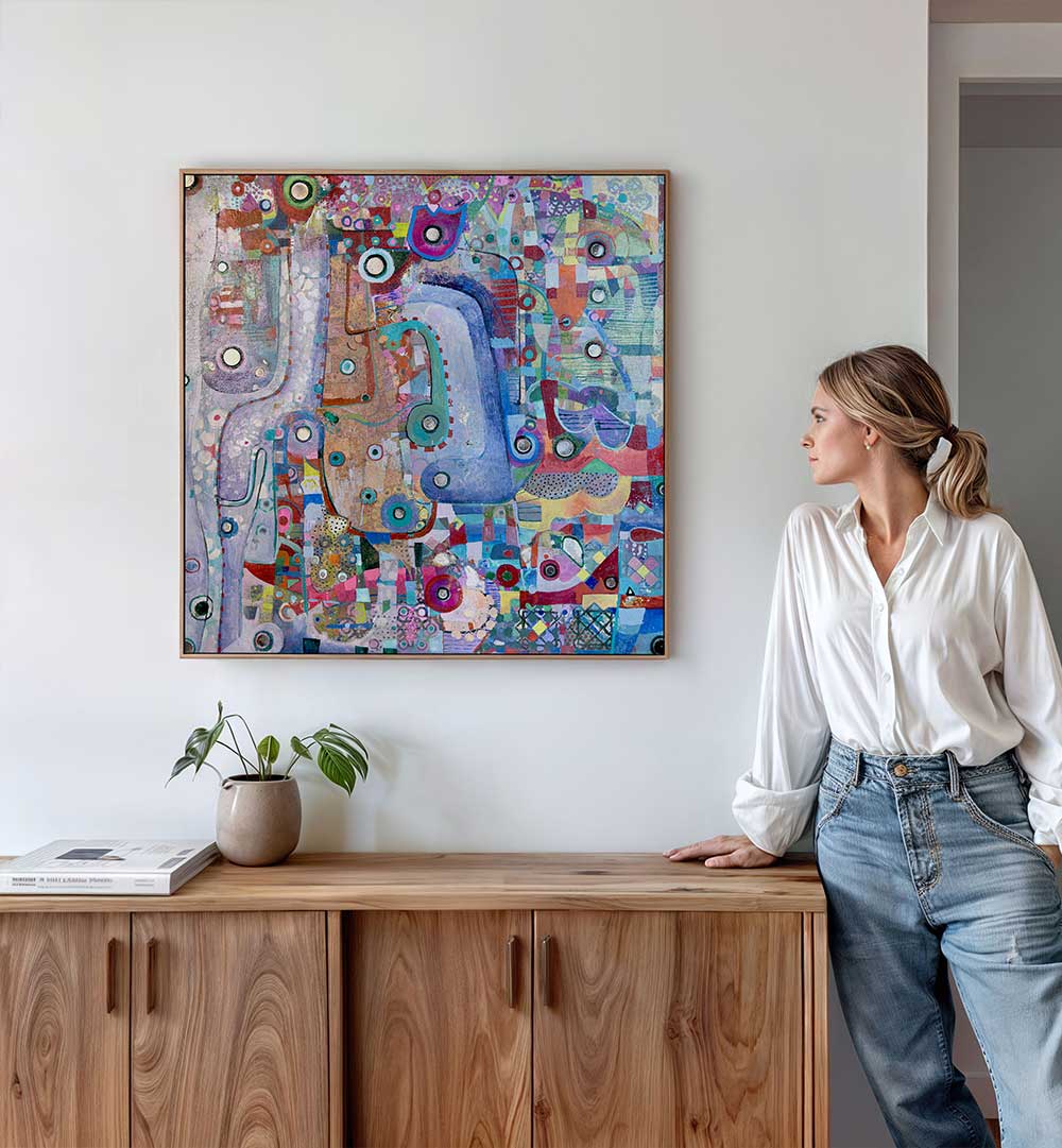 INDIGO MIRROR , ABSTRACT PAINTINGS — luminous indigo abstract canvas with layered brushwork and reflective tones for gallery wall