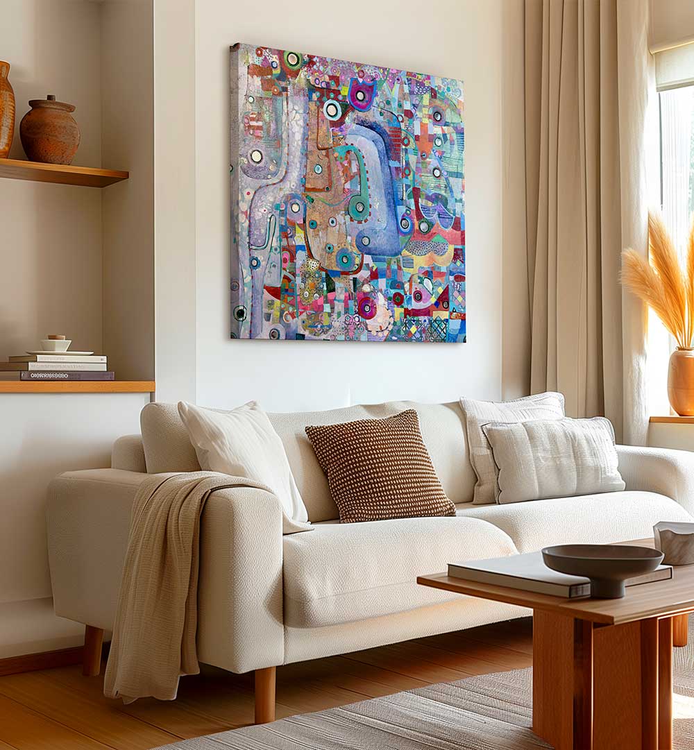 Living room wall with INDIGO MIRROR , ABSTRACT PAINTINGS luminous indigo layers and textured reflective depth