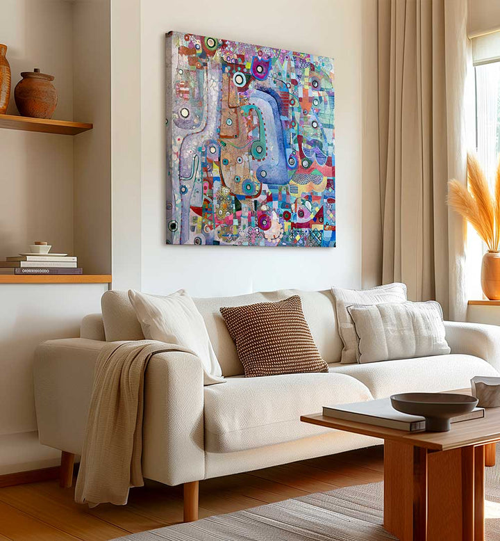 Living room wall with INDIGO MIRROR , ABSTRACT PAINTINGS luminous indigo layers and textured reflective depth
