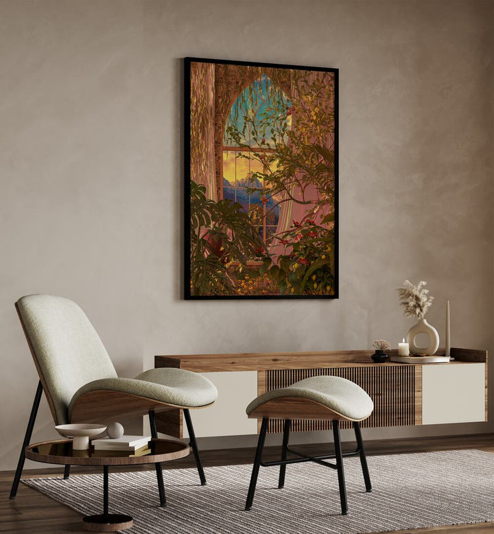 Indoor Growth By Cosmo Zach Surreal Art Prints Surrealism in Black Plain Frame placed on a wall behind a console table 