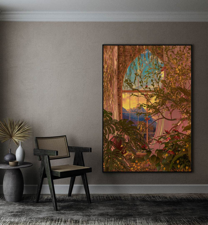 Indoor Growth By Cosmo Zach Surreal Art Prints Surrealism in Black Plain Frame placed on a wall beside a chair