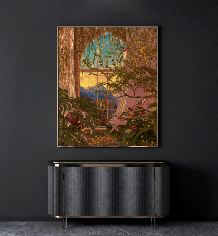 Indoor Growth By Cosmo Zach Surreal Art Prints Surrealism in Oak Wood Plain Frame placed on a wall behind a console table