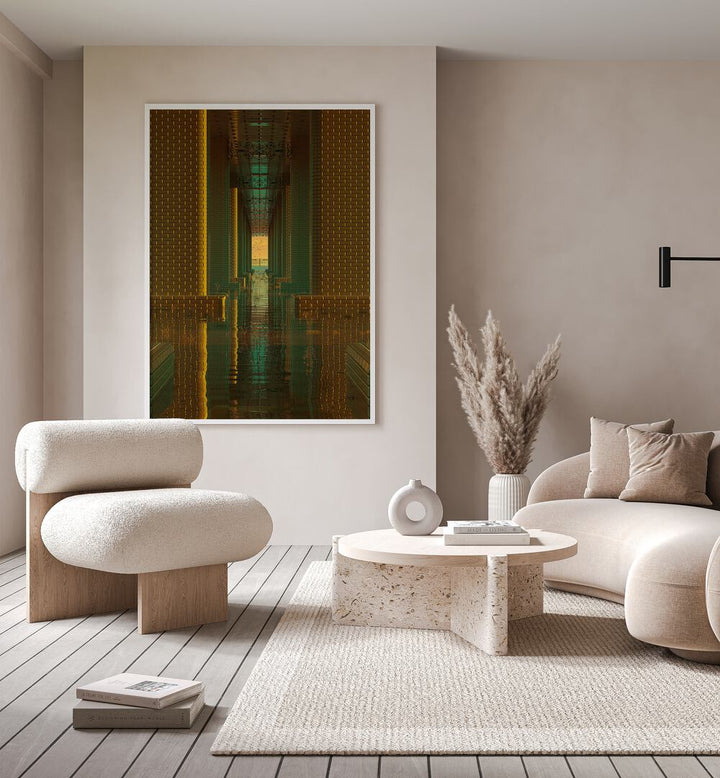 Indoor Lake By Cosmo Zach Surreal Art Prints Surrealism in Oak Wood Plain Frame placed on a wall behind a sofa