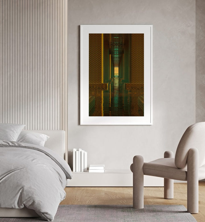 Indoor Lake By Cosmo Zach Surreal Art Prints Surrealism in White Frame With Mount placed on bedroom wall beside a bed