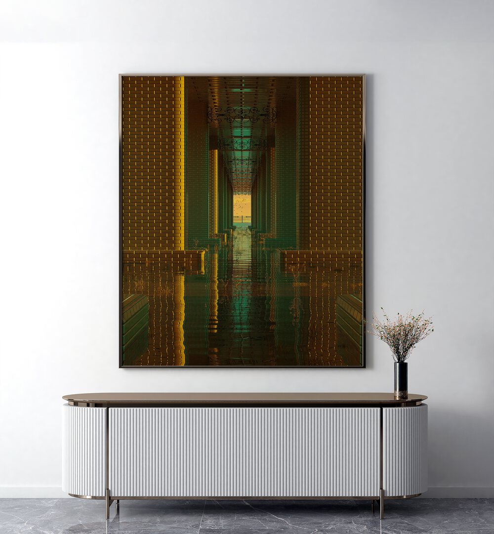 Indoor Lake By Cosmo Zach Surreal Art Prints Surrealism in Black Plain Frame placed on a wall behind a console table