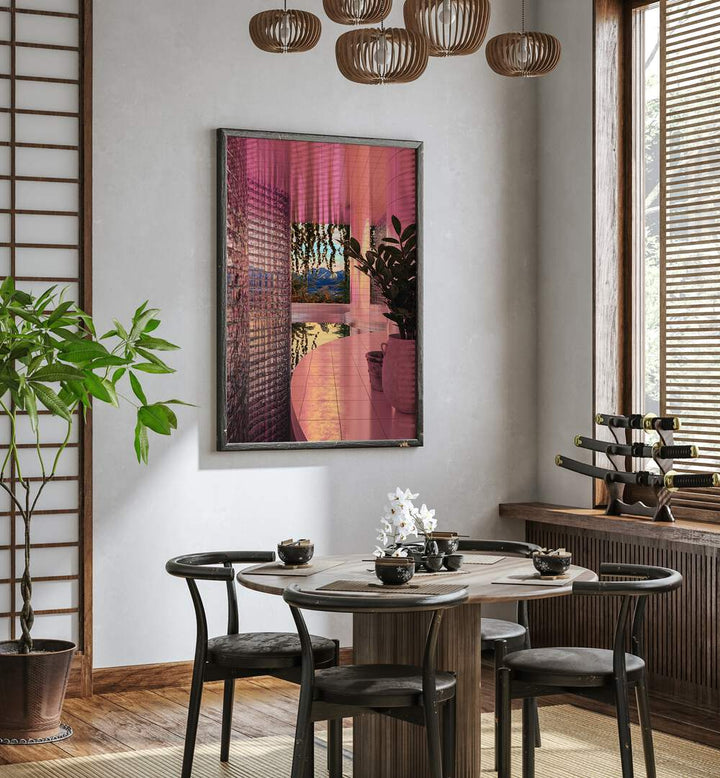 Indoor Pool By Cosmo Zach Surreal Art Prints Surrealism in Black Plain Frame placed on a wall behind a dining table 