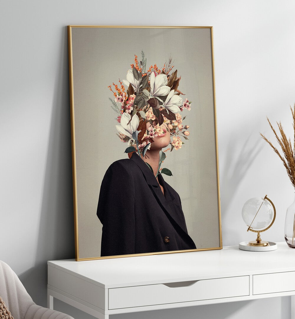 Infinite Moments Infinite Autumns By Frank Moth Surreal Art Prints Surrealism in Oak Wood Plain Frame placed on a white console table