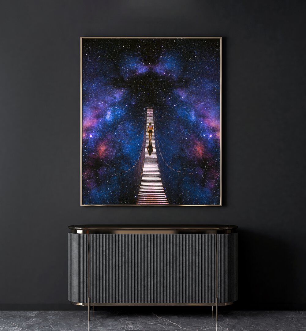 Infinity Surreal Paintings Surreal Art Prints in Gold Plain Frame placed on a Dark Grey Colored Wall above a Console Table in the Living Room