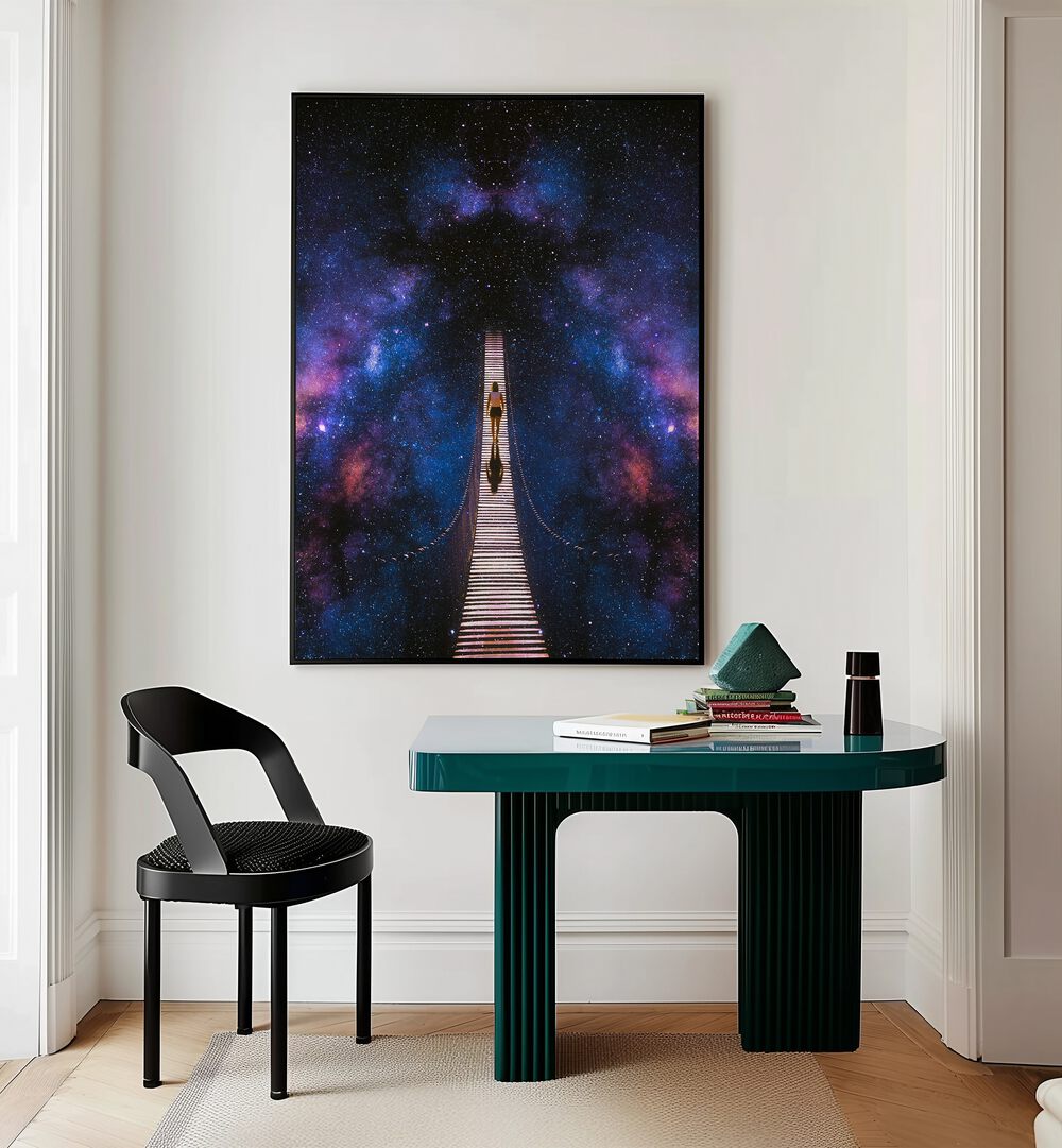 Infinity Surreal Paintings Surreal Art Prints in Black Plain Frame placed on a White Colored Wall Above a Study Table near a Workspace in the Drawing Room